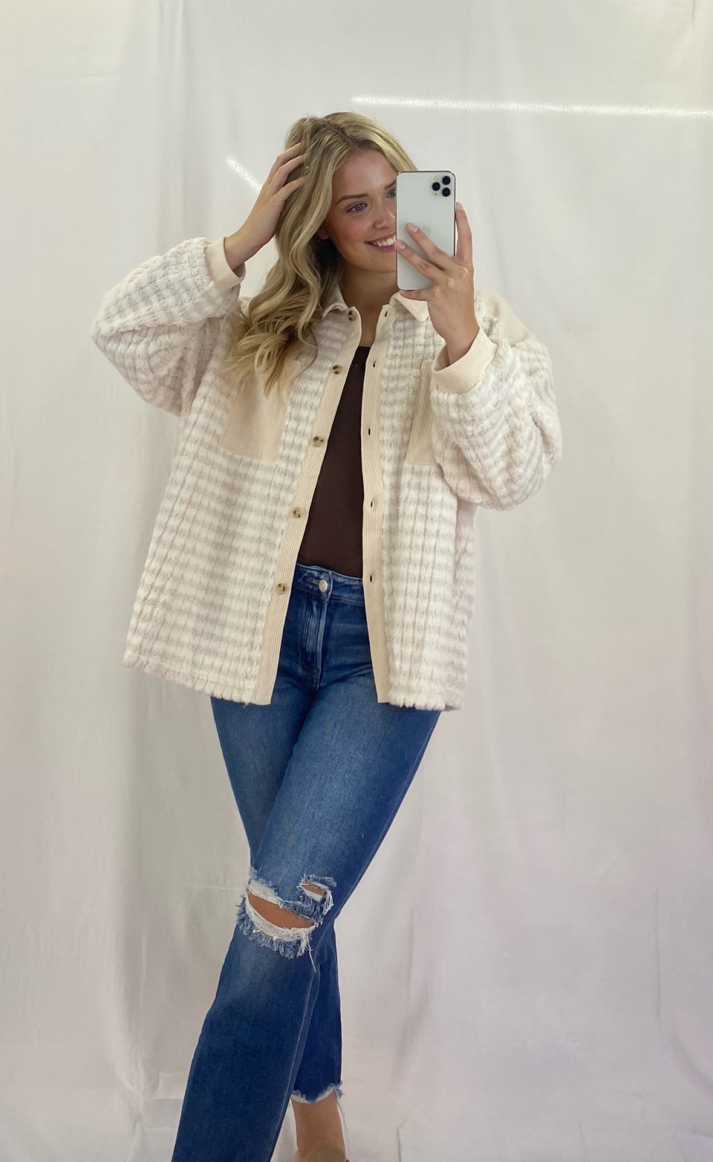 Button Up Shacket w/ Knit Contrast