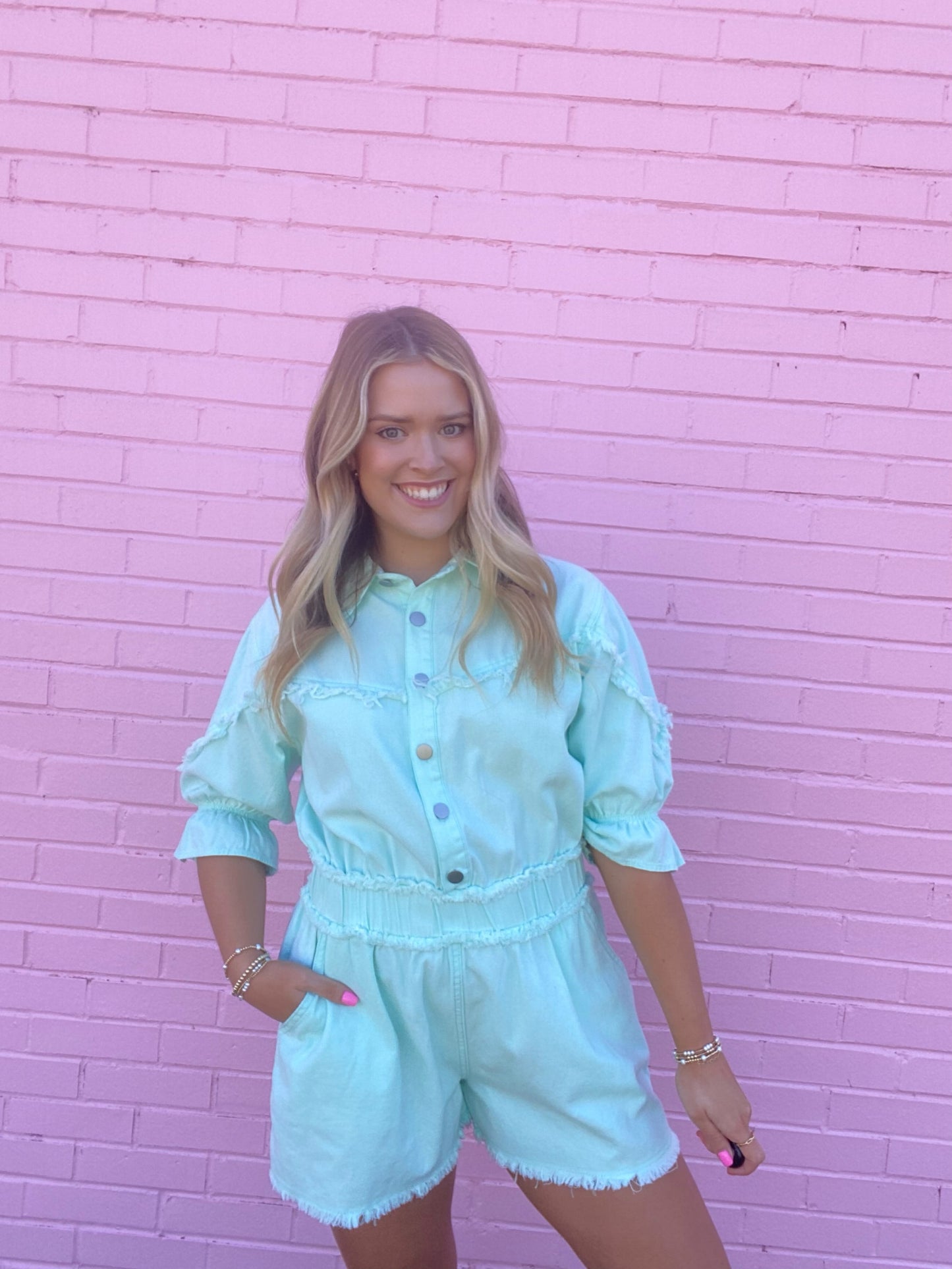 Distressed Mint Denim Romper