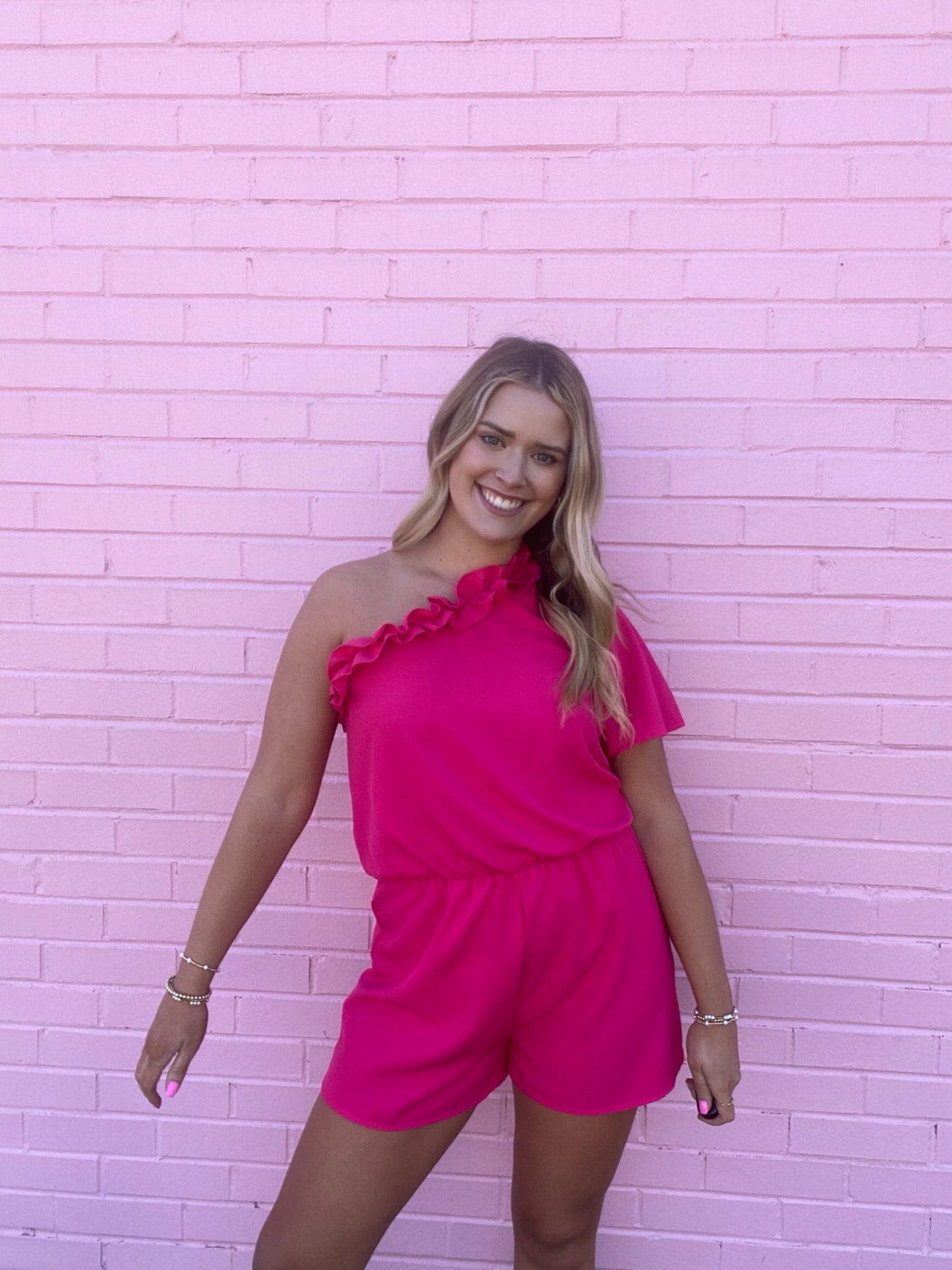 One Shoulder Pink Ruffle Romper