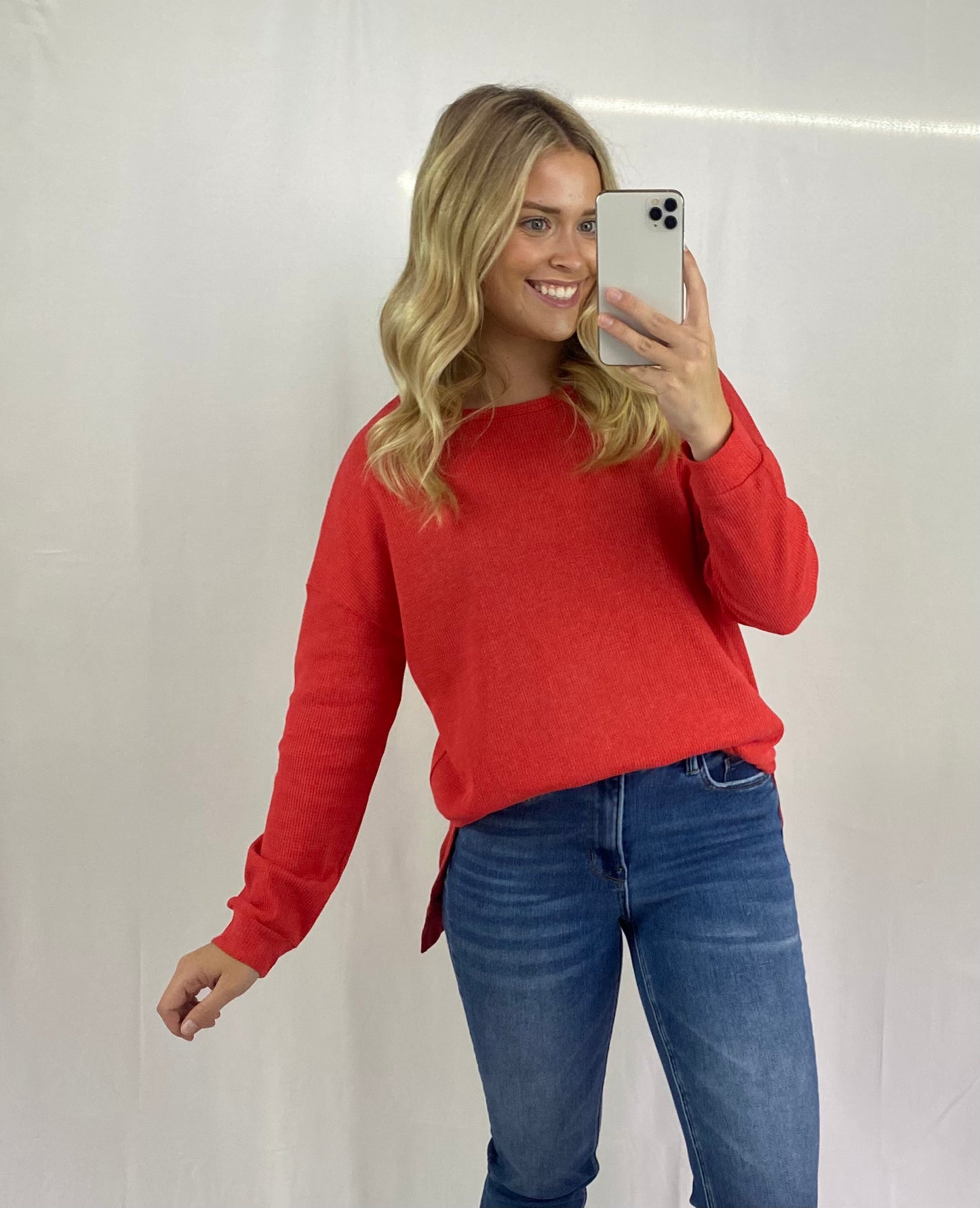 Waffle Knit Side Slit Pullover Top