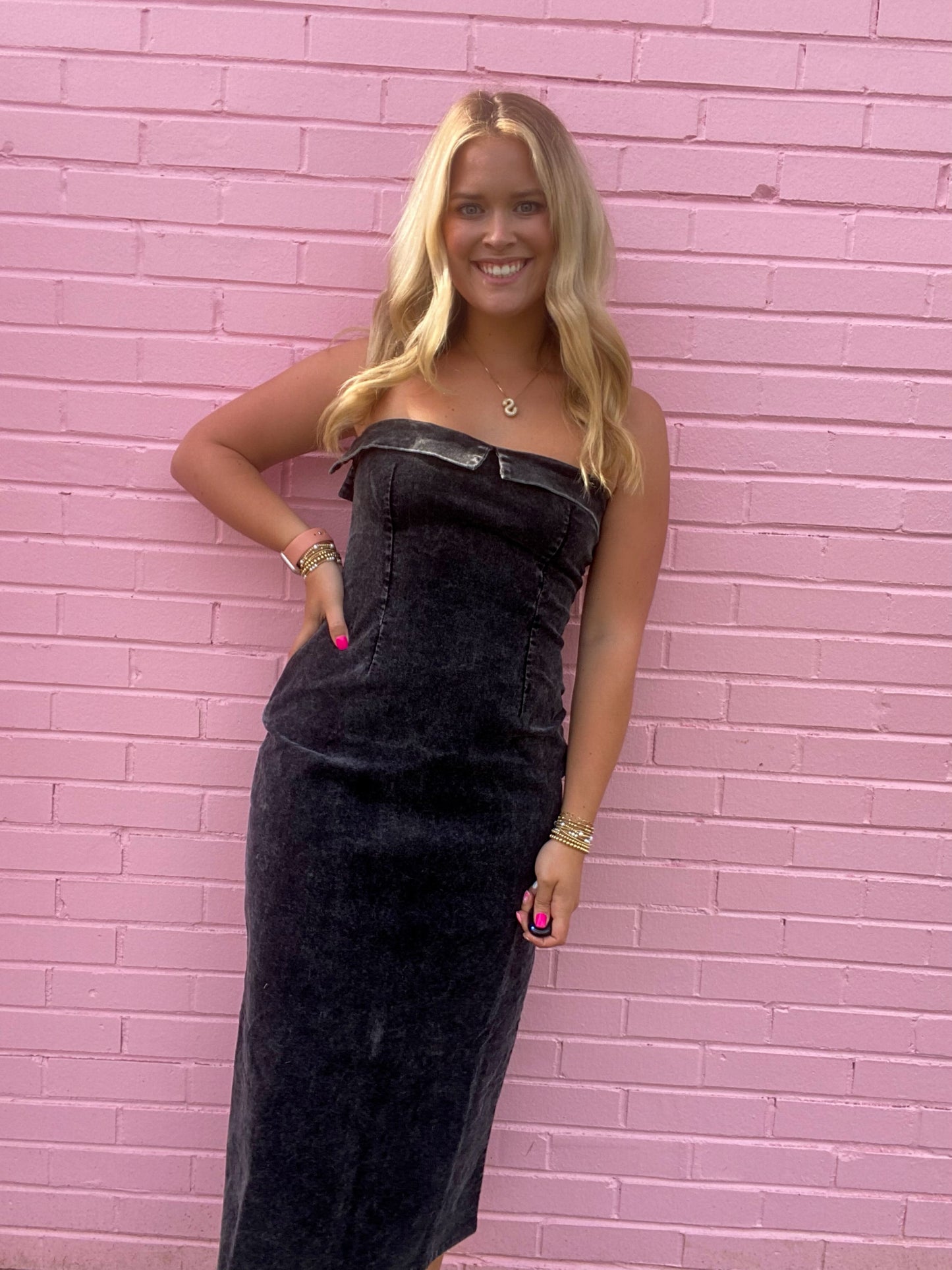 Black Corduroy Strapless Dress