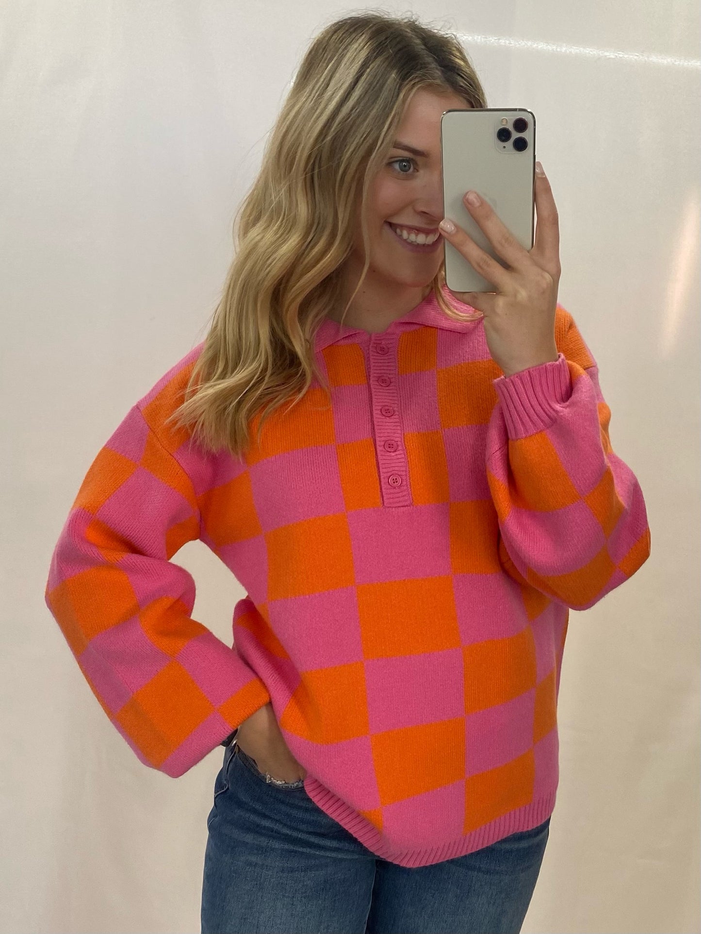 Pink and Orange Checkered Sweater Top