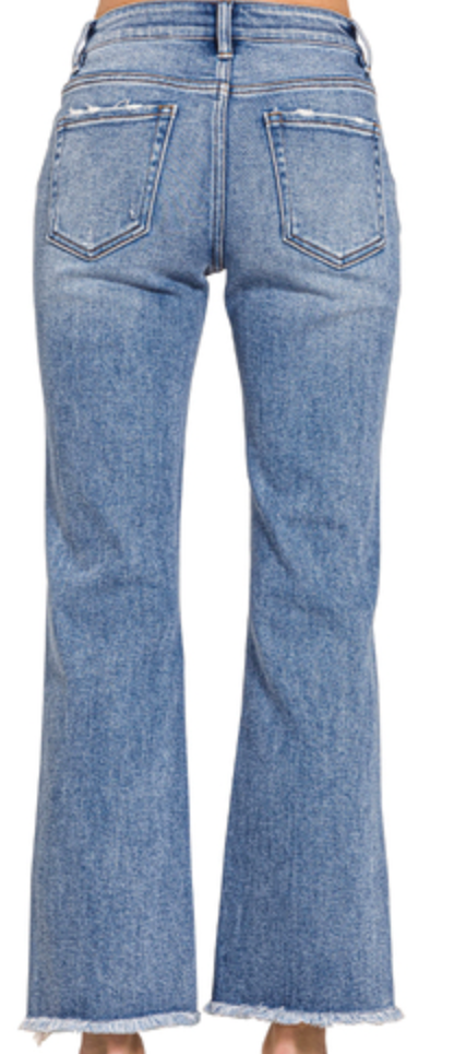 LIGHT DISTRESSED KNEE RAW HEM DENIM PANTS
