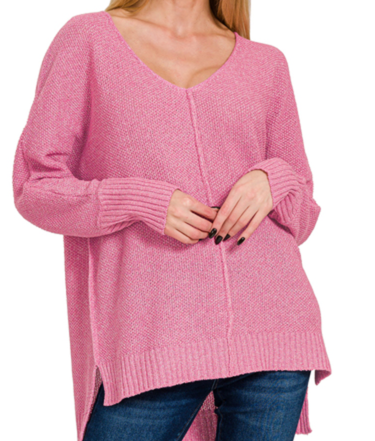 V-NECK CENTER SEAM HI-LOW SWEATER