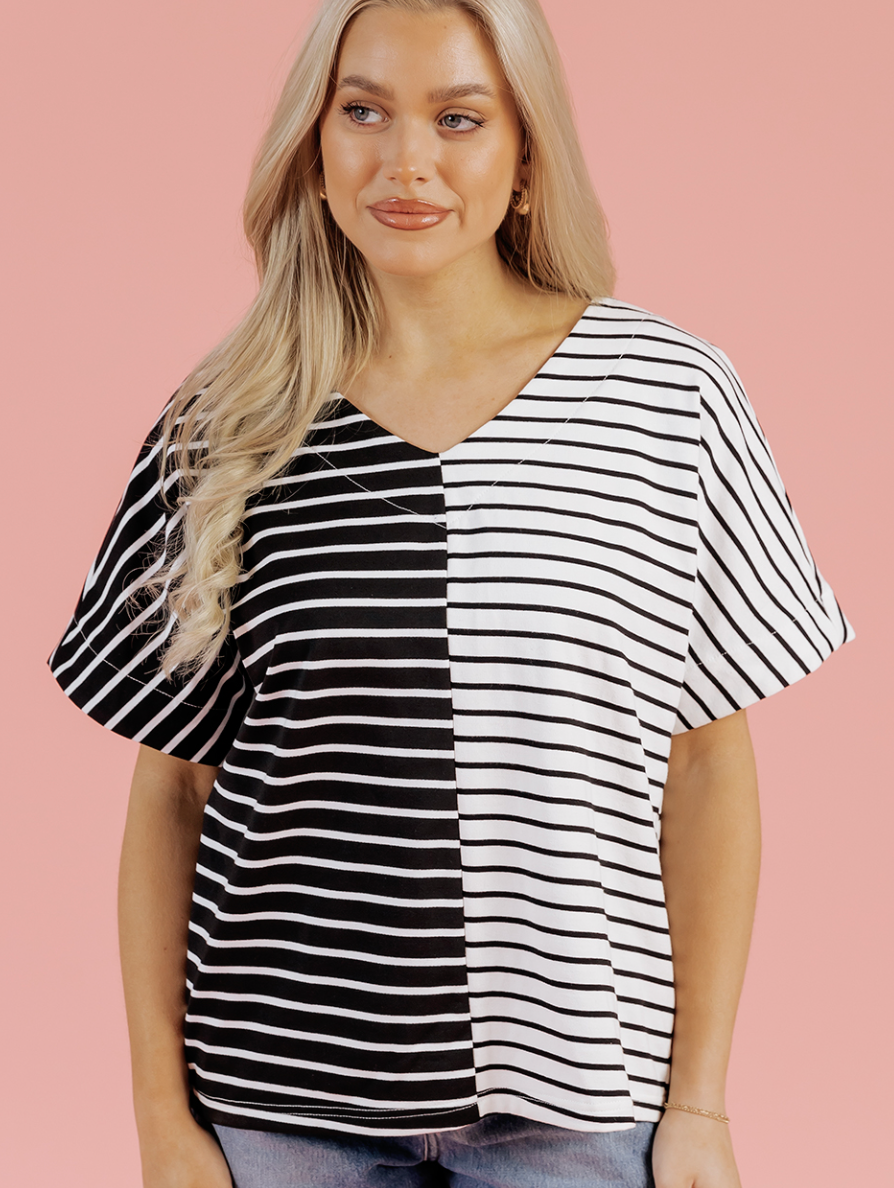 Black Stripe Two-Tone V-Neck Tee