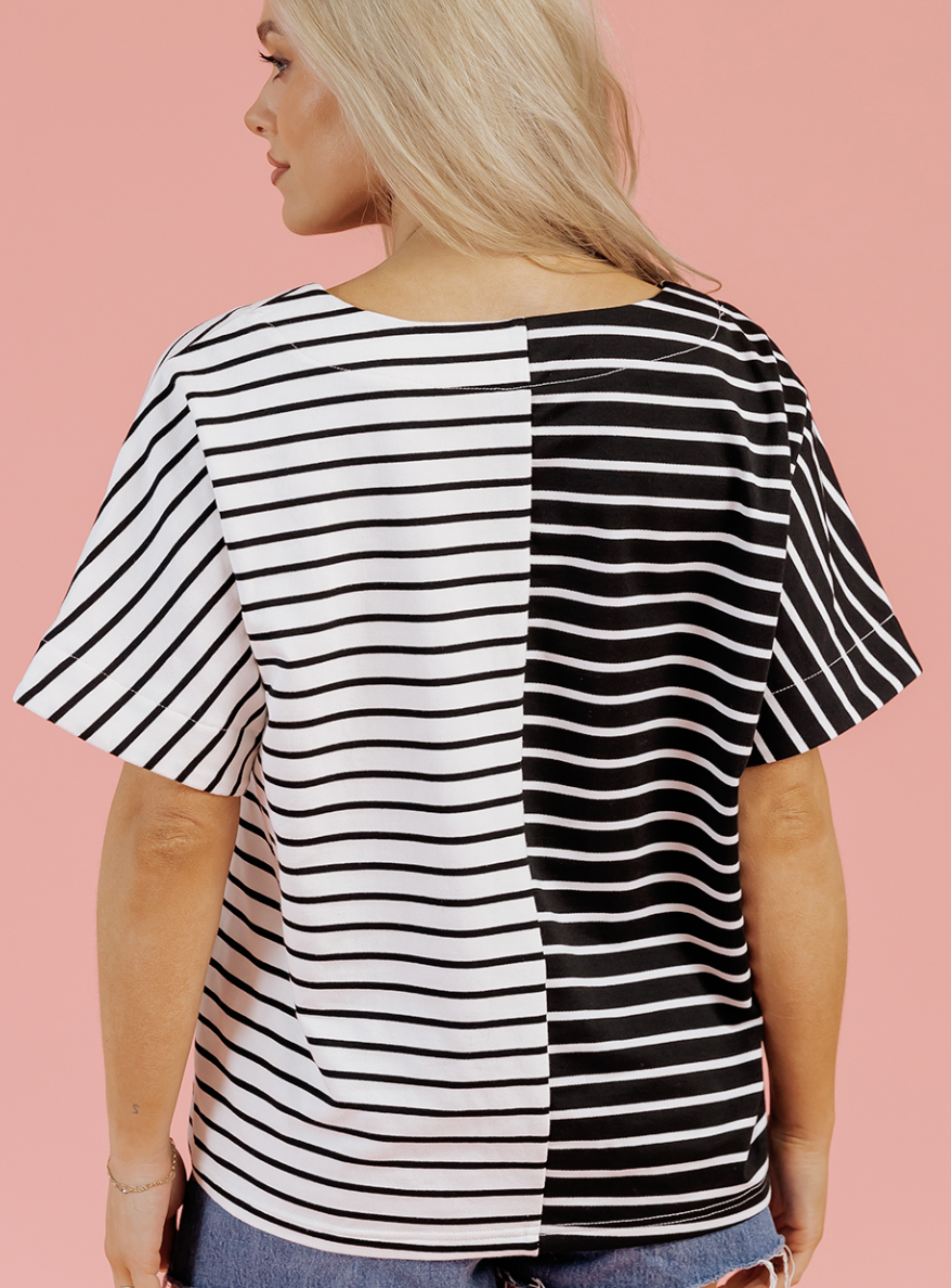 Black Stripe Two-Tone V-Neck Tee