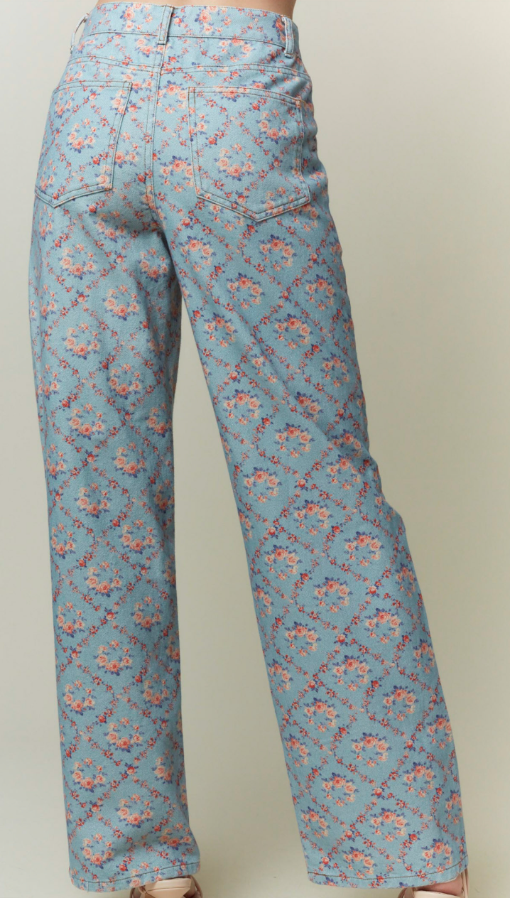 Blue Floral Denim Pants