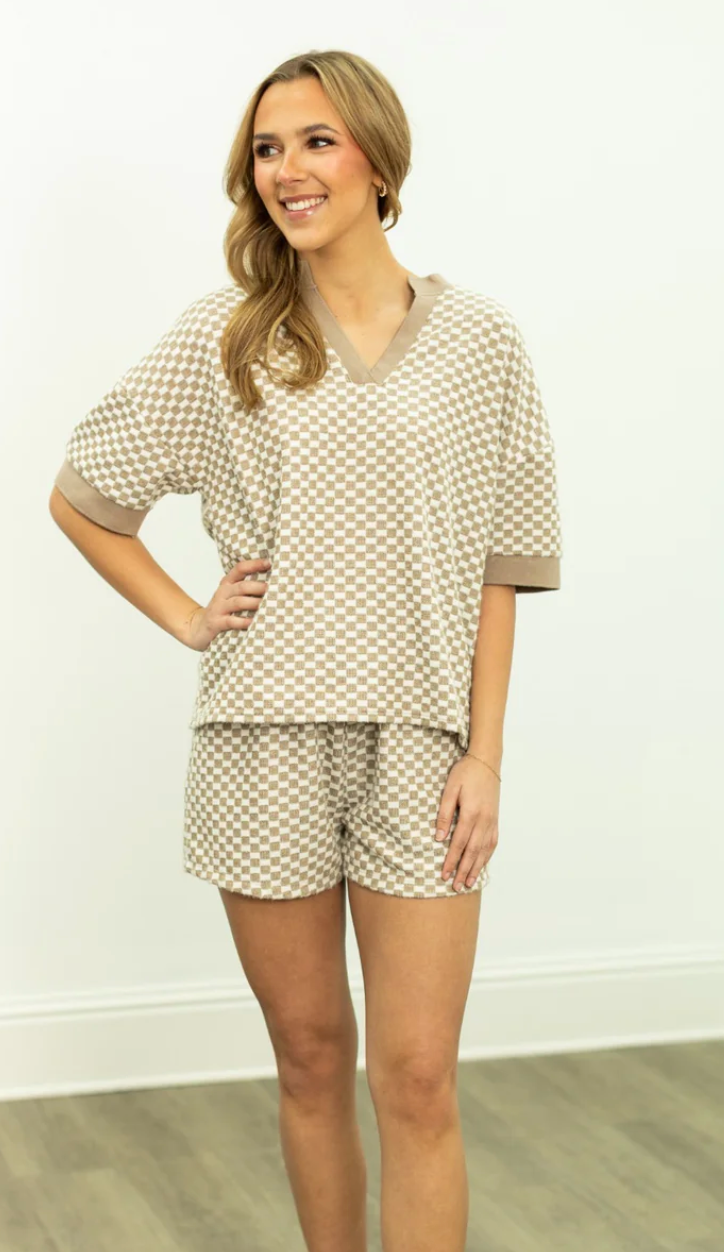 Beige Checkered Shorts Set