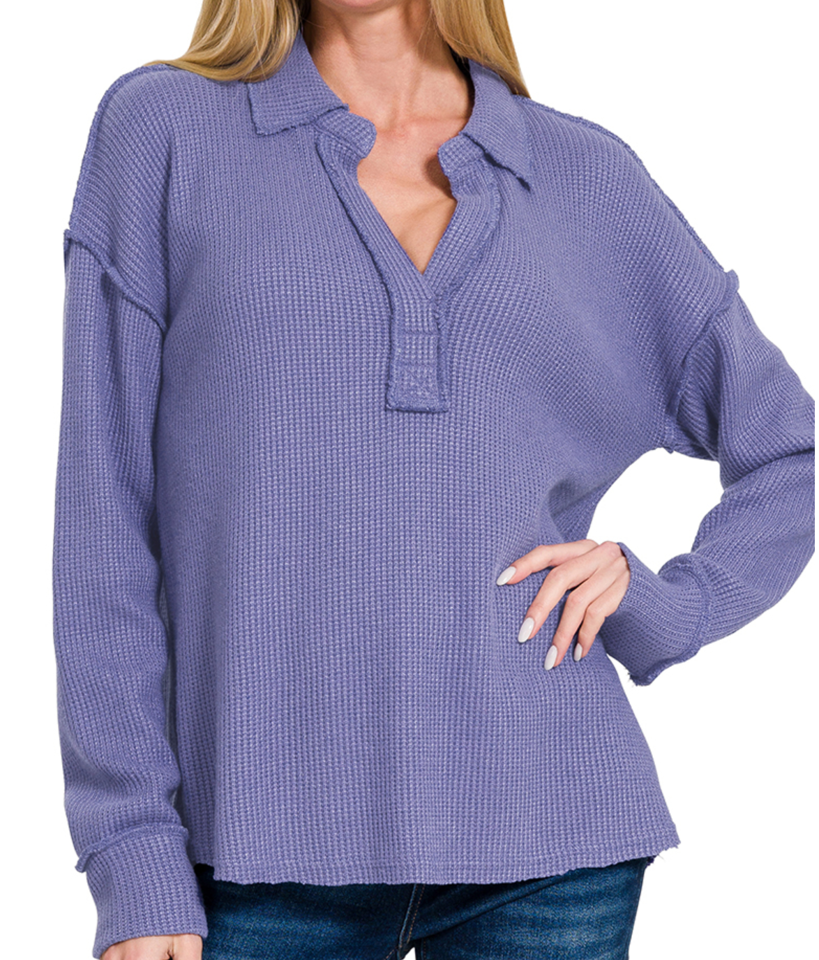 EXPOSED SEAM COLLARED LONG SLEEVE SWEATER