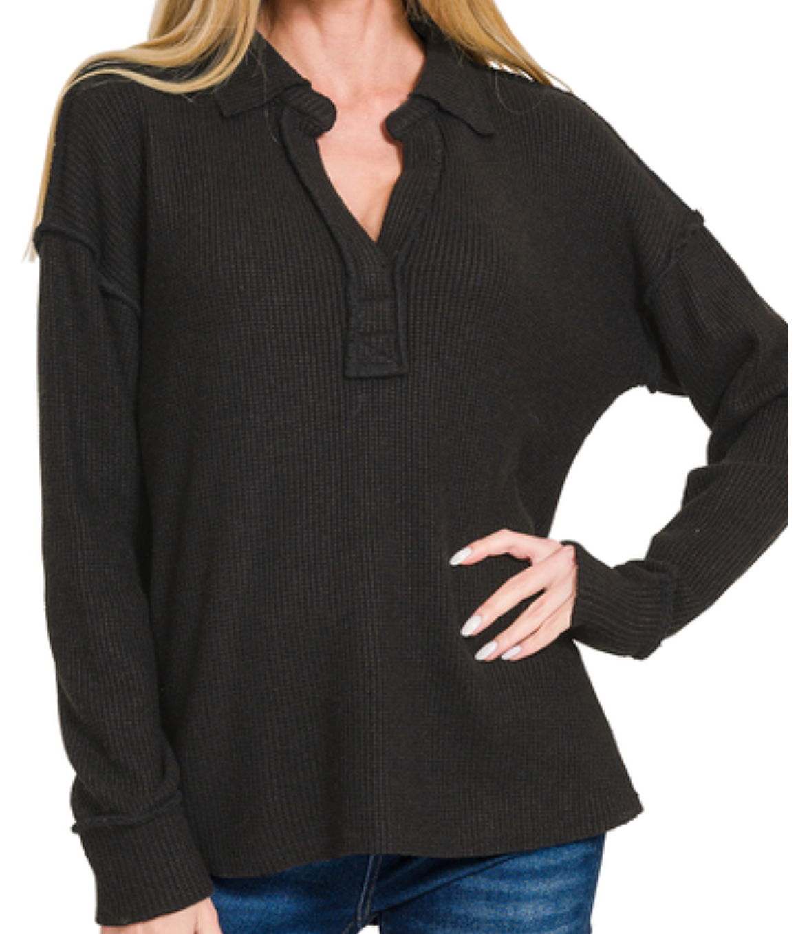 EXPOSED SEAM COLLARED LONG SLEEVE SWEATER