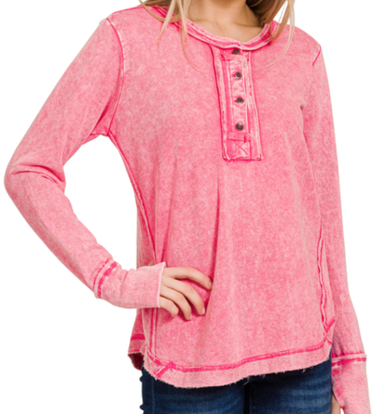 WASHED THUMB HOLE CUFFS BUTTON CLOSURE LONG SLEEVE TOP