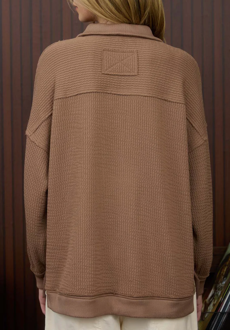 HALF ZIP COLLARED LONG SLEEVE WAFFLE KNIT TOP