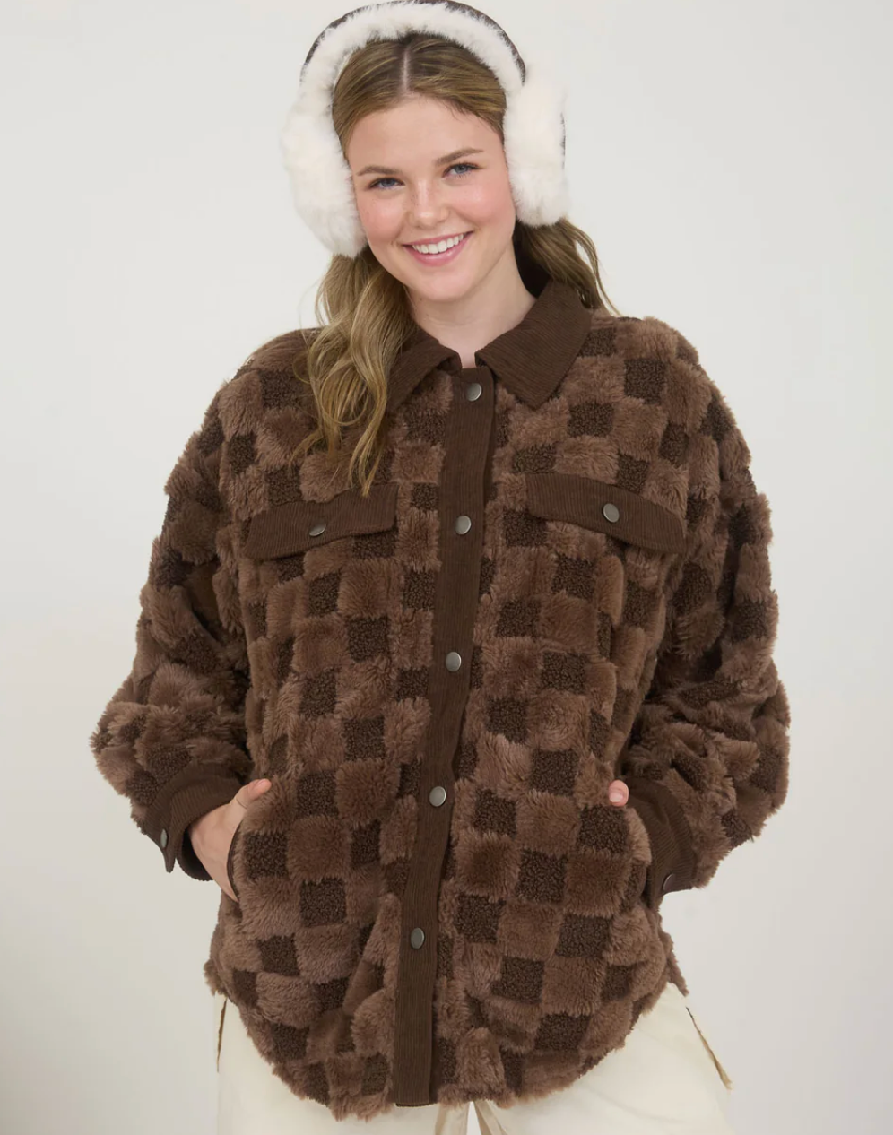 CHECKERED FAUX SHEARLING BUTTON DOWN