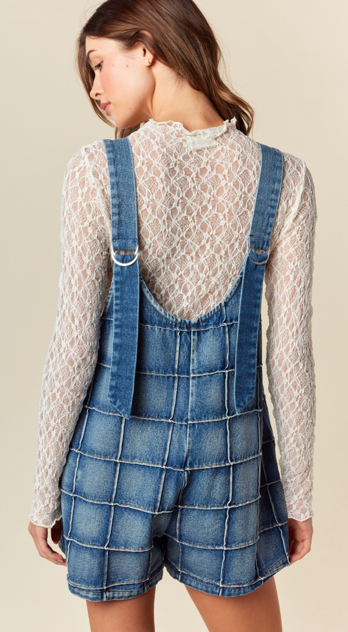 Grid Patchwork Denim Romper