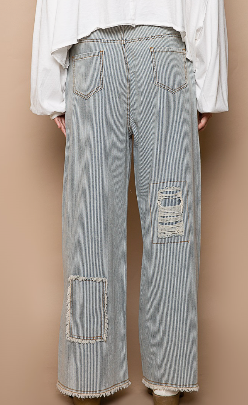 Distressed Waist Strape Stripe Denim Wide Pants