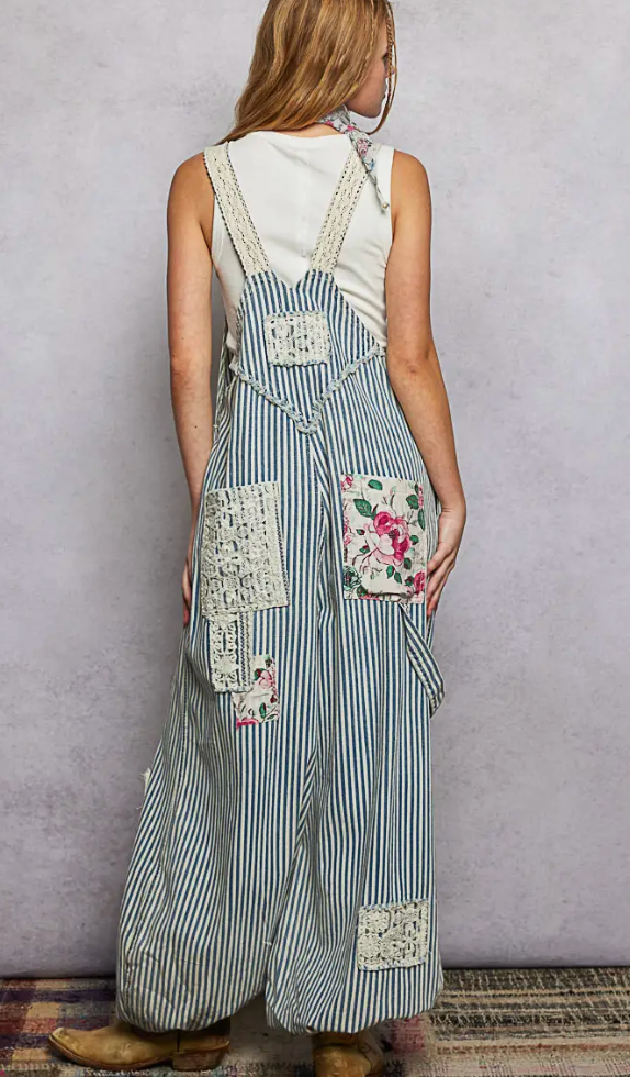 Printed Lace Patch Trim Strap Relaxed Fit Jogger Overall