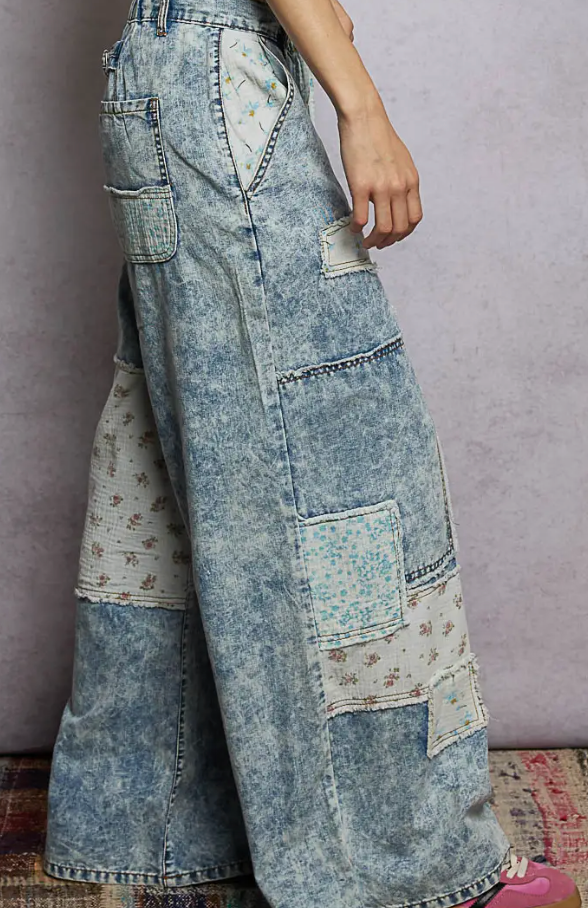 Patchwork Detail Denim Straight Fit Pants