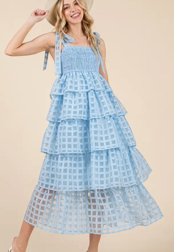 Checker Organza Layer Tiered Midi Sundress