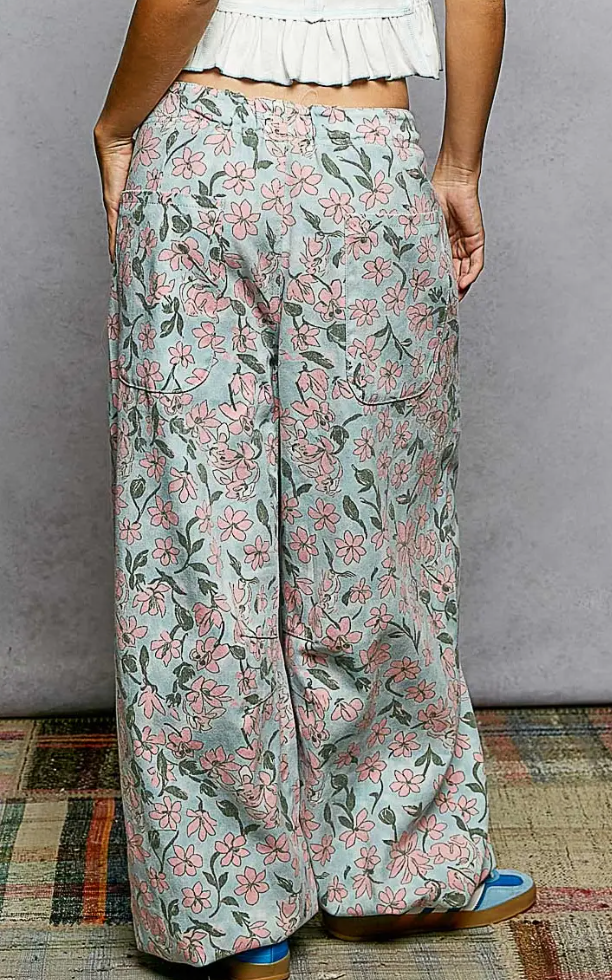 Vintage Washing Printed Twill Relaxed Fit Floral Pants