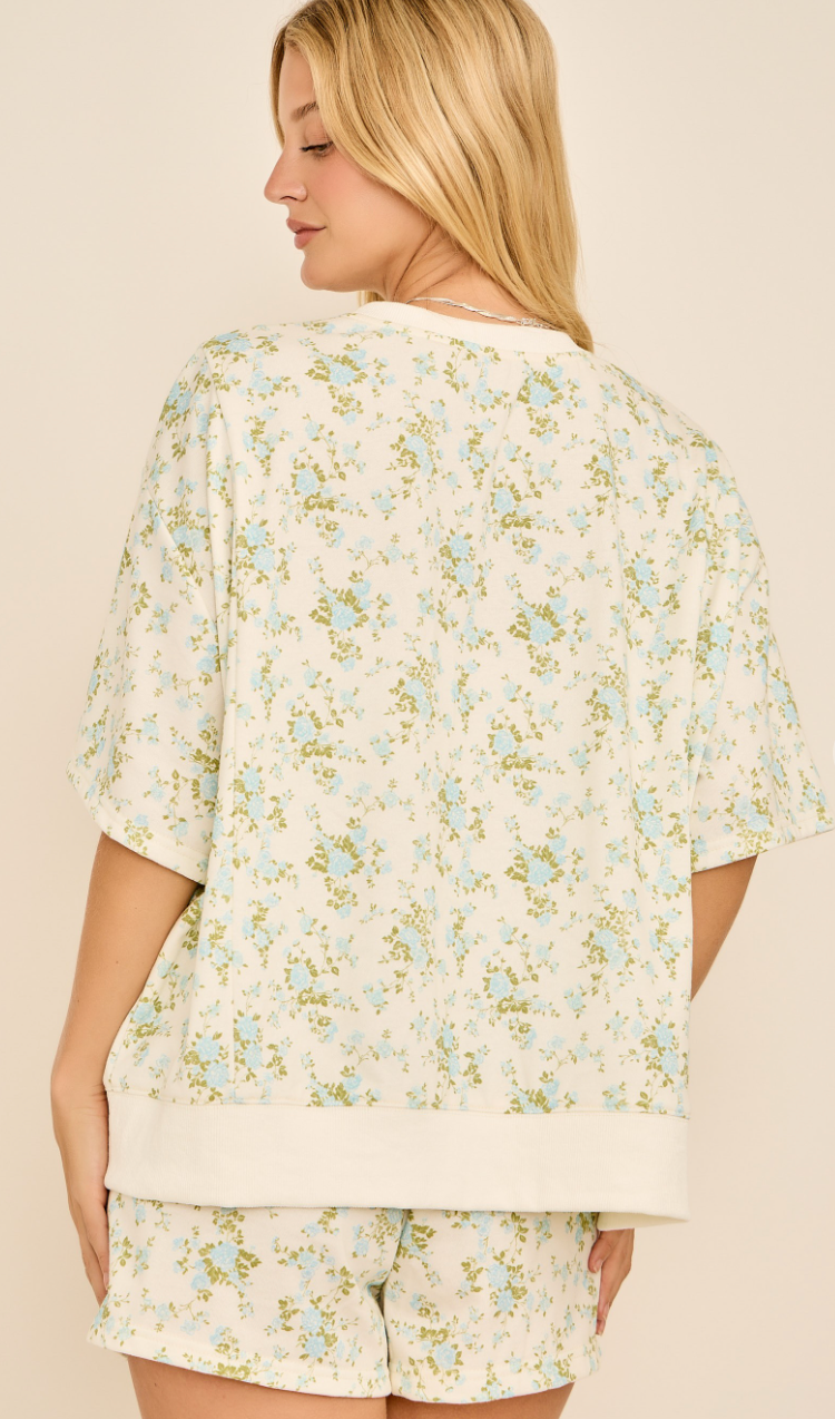 Floral Printed Oversized Knit Top Shorts Set