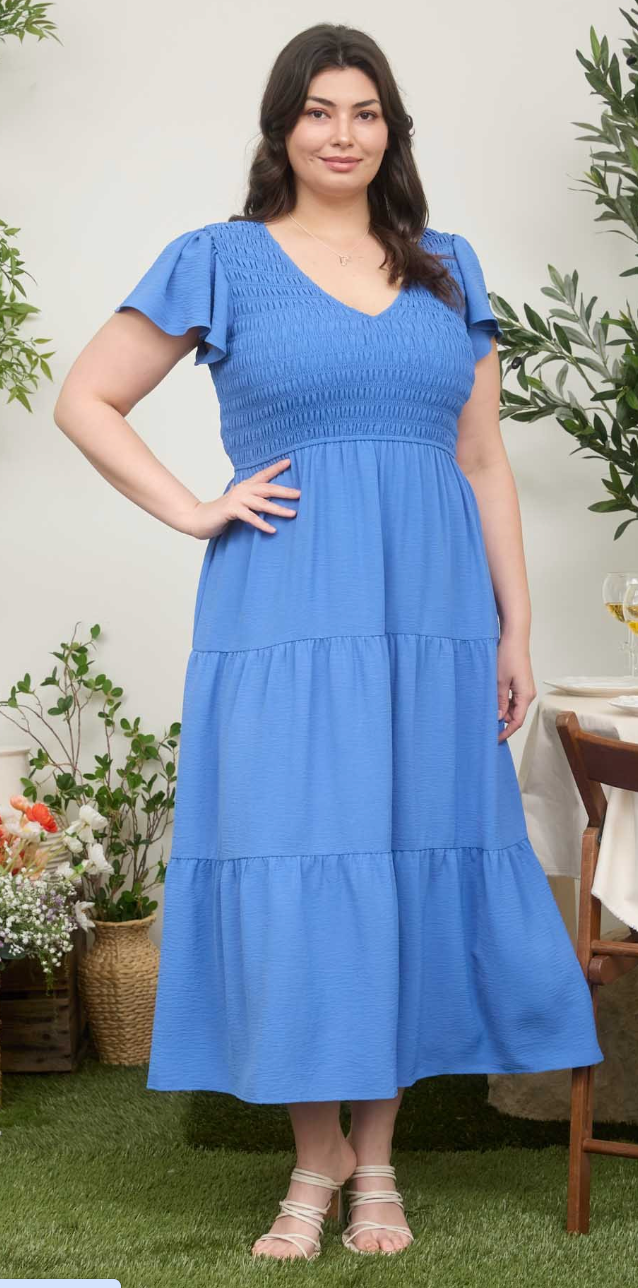 Curvy Flutter Sleeve V Neck Smocked Midi Dress