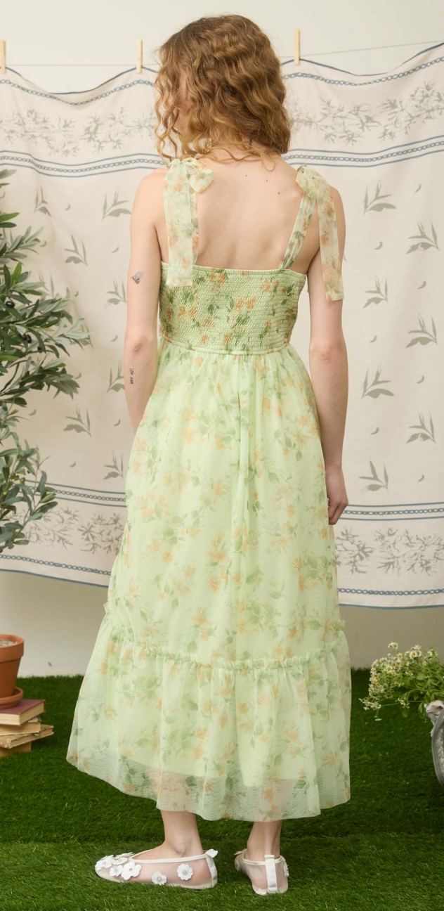 Floral Shirred Bodice Sleeveless Midi Dress