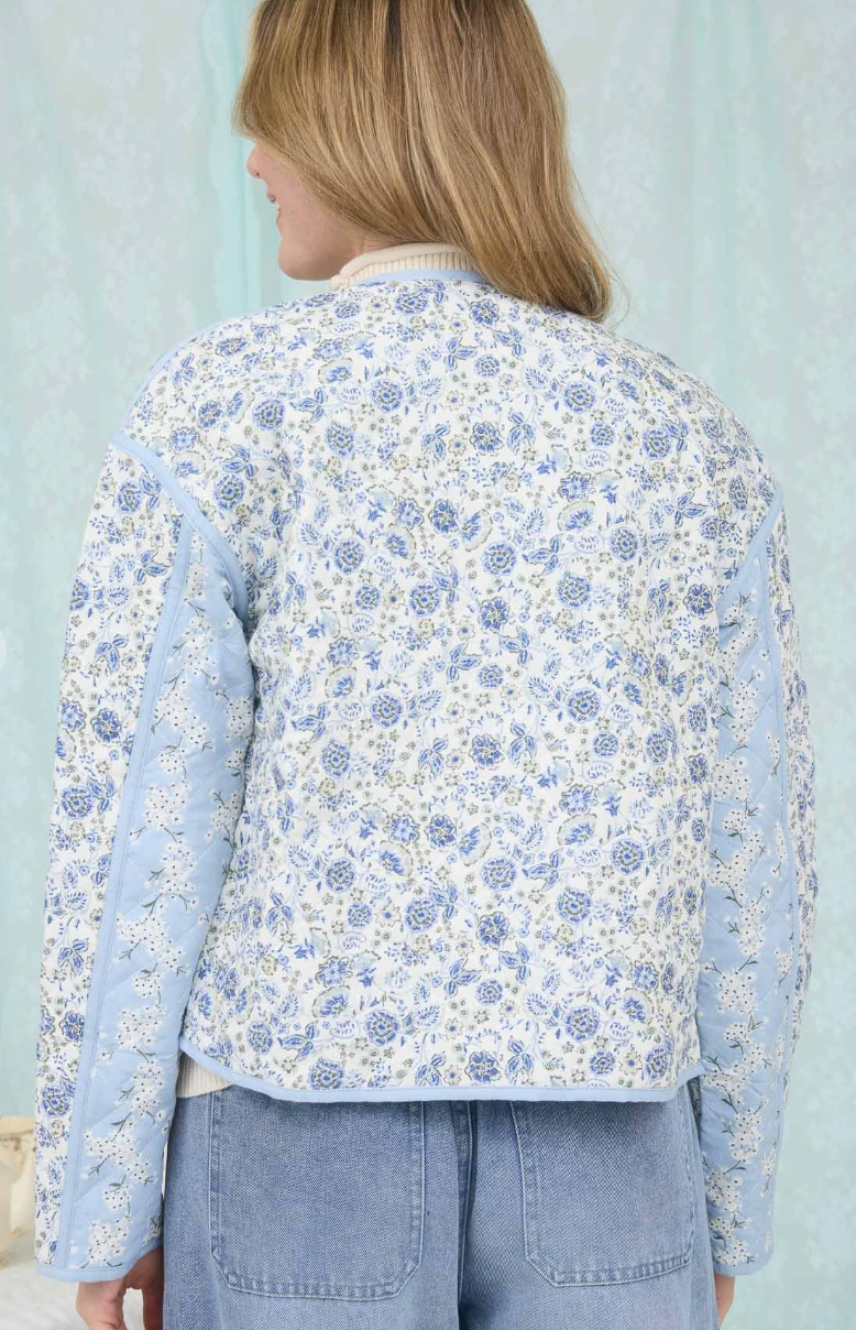 Colorblock Floral Zip-up Quilted Jacket