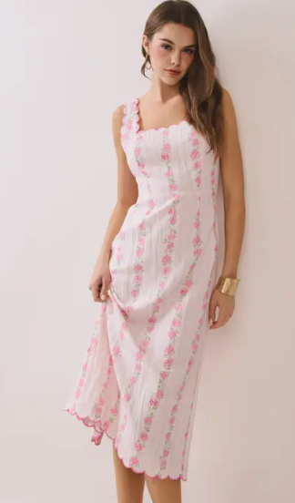 Floral Print Scalloped Detail Back Smocked Dress