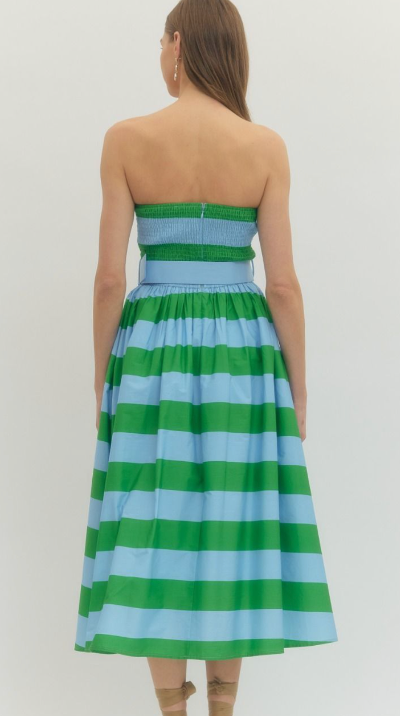 Striped strapless midi dress