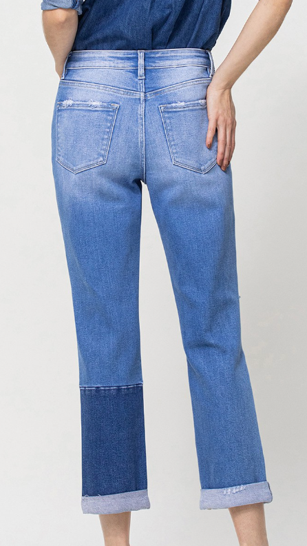 HIGH RISE COLOR BLOCK CUFFED BOYFRIEND JEANS