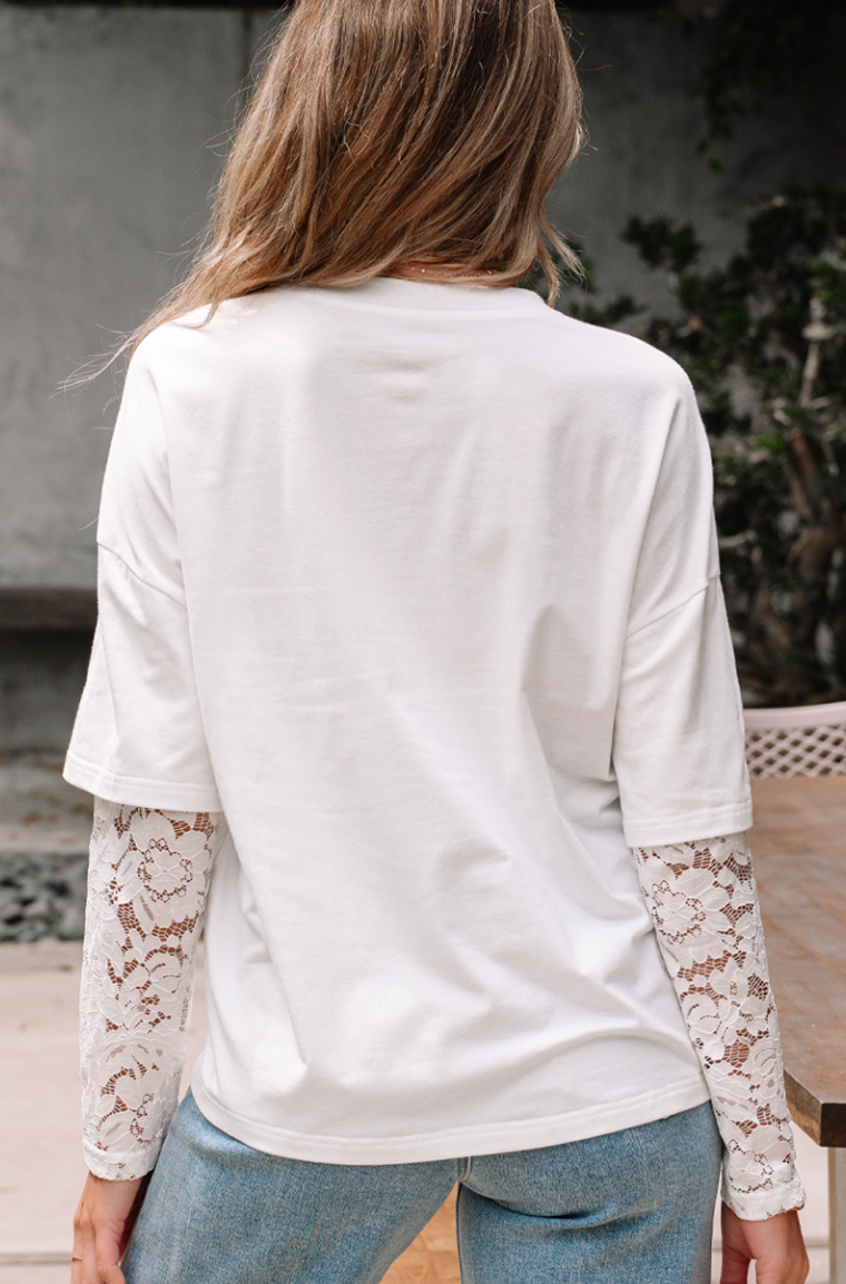 White Lace Insert Drop Shoulder Tee