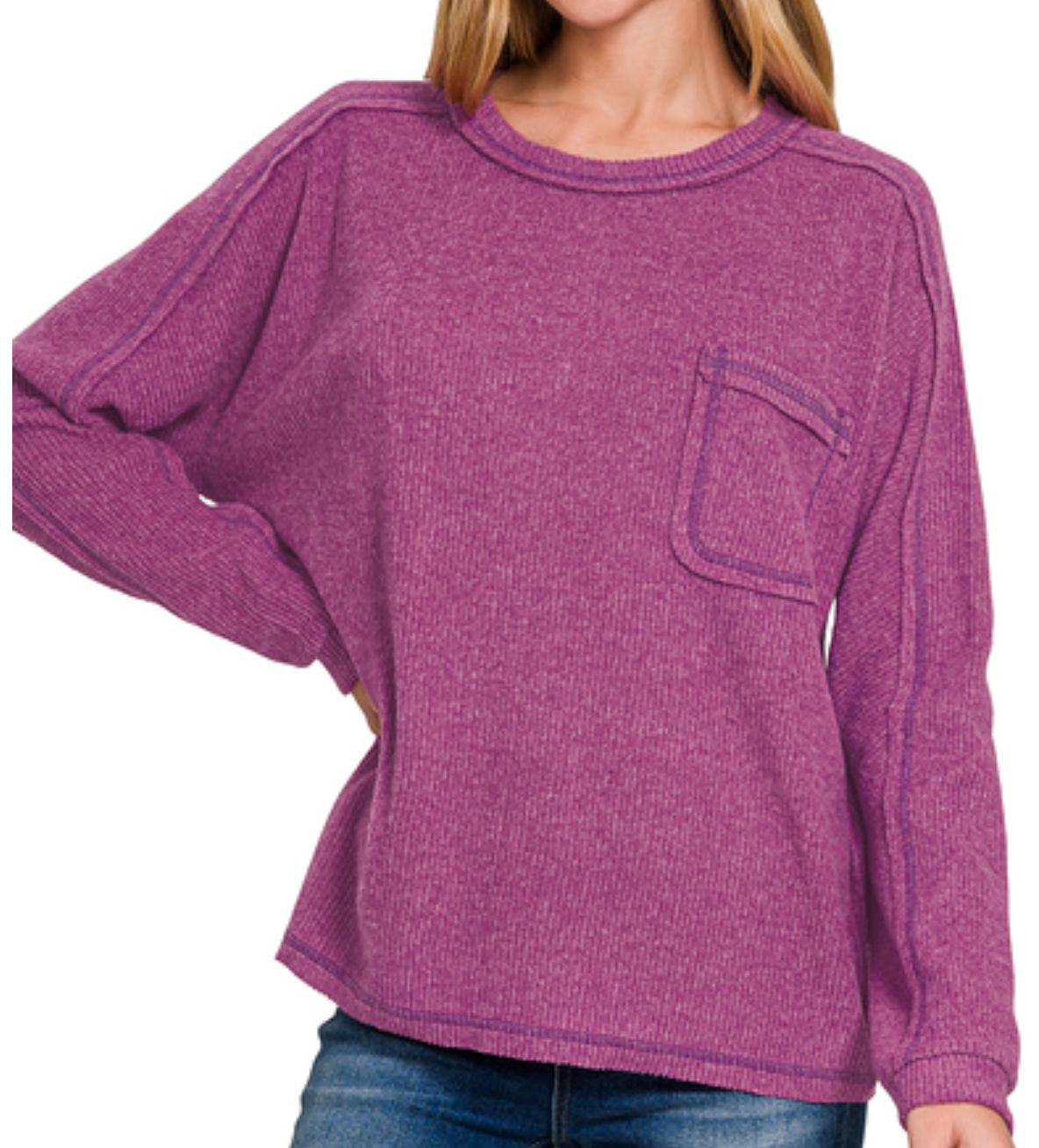 Brushed ribbed hacci round neck sweater
