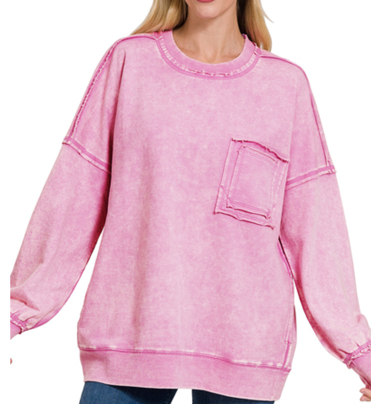 Terry acid wash raw edge front pocket pullover