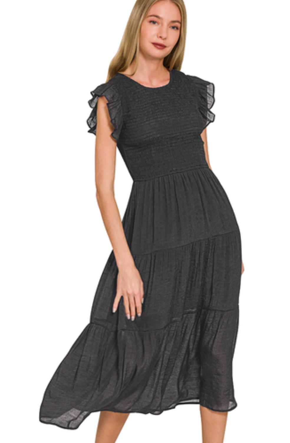 Woven smocked ruffle sleeve midi dress
