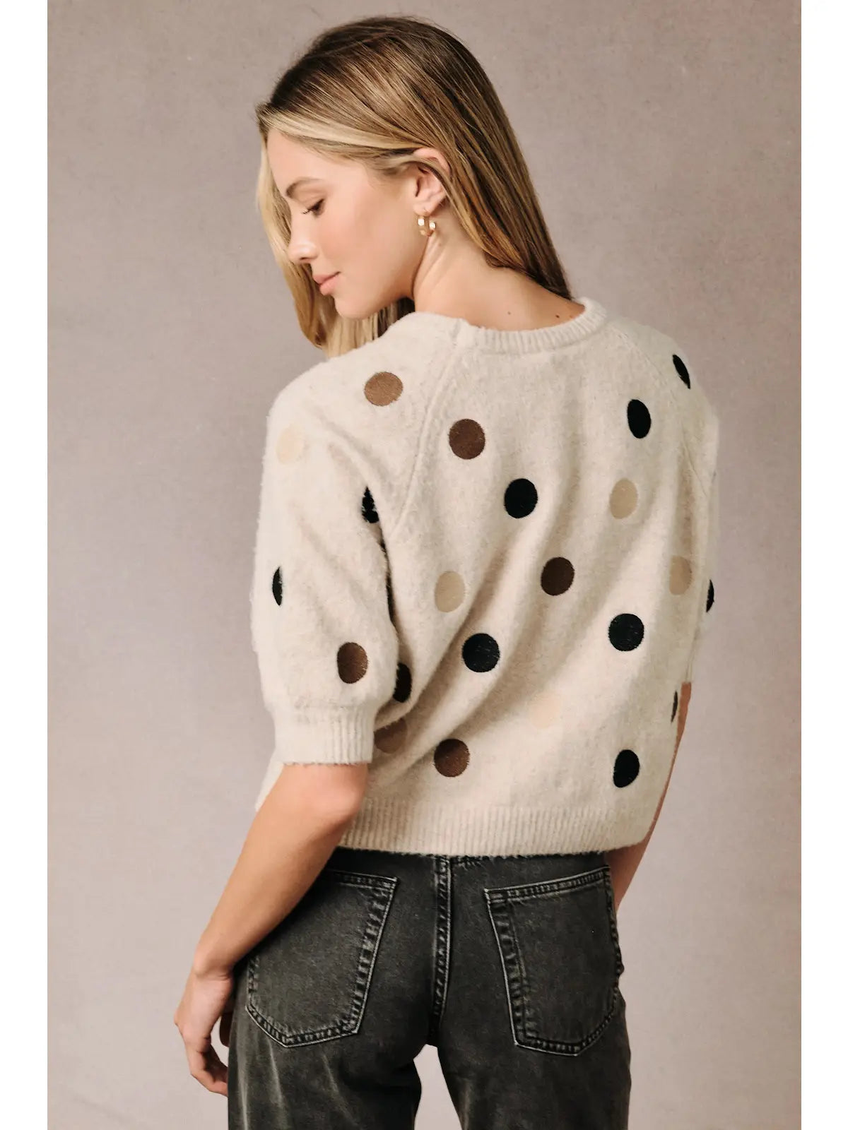Polka Dot Raglan Short Sleeve Knit Sweater