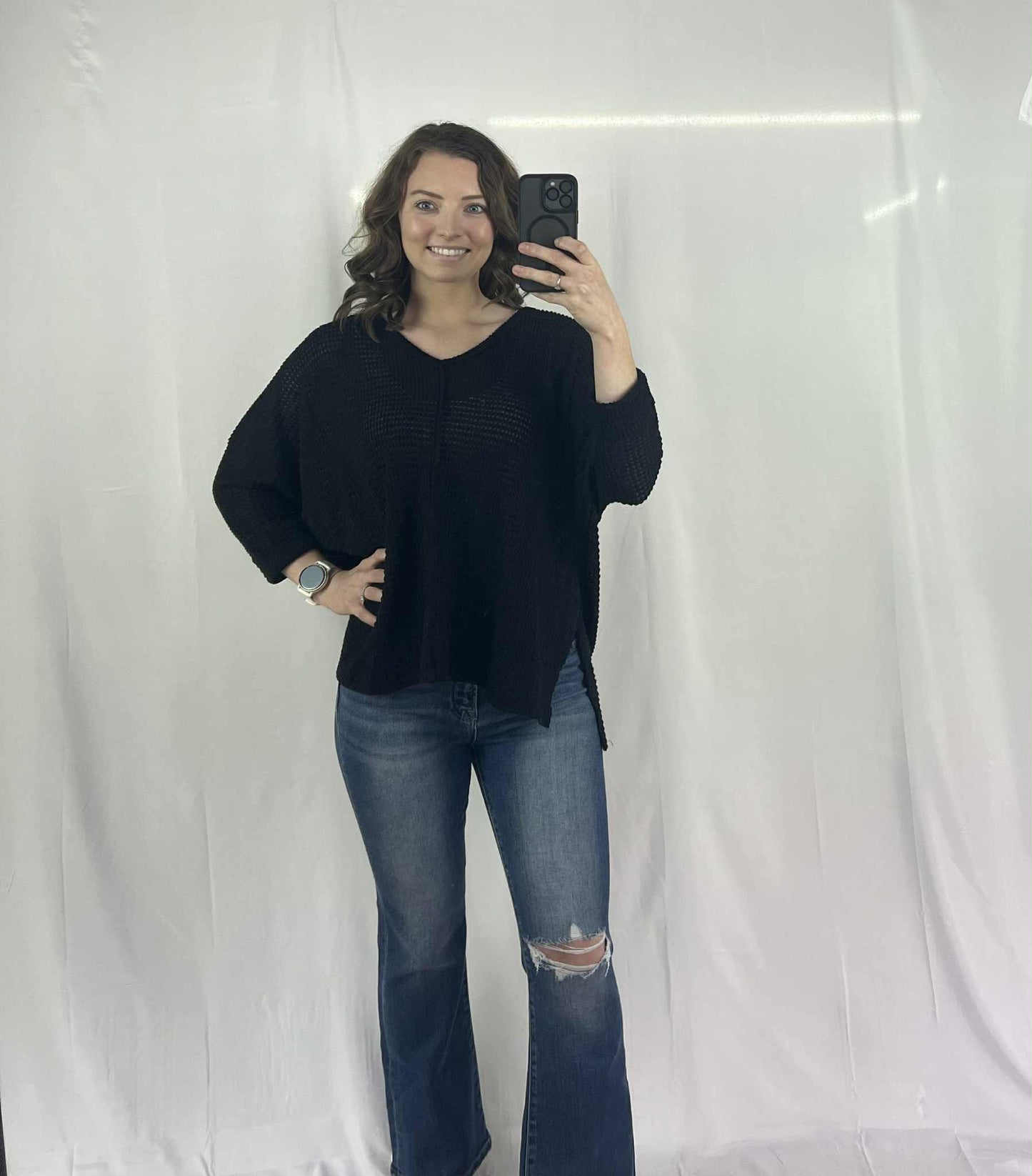 3/4 SLEEVE V-NECK HI-LOW HEM JACQUARD SWEATER