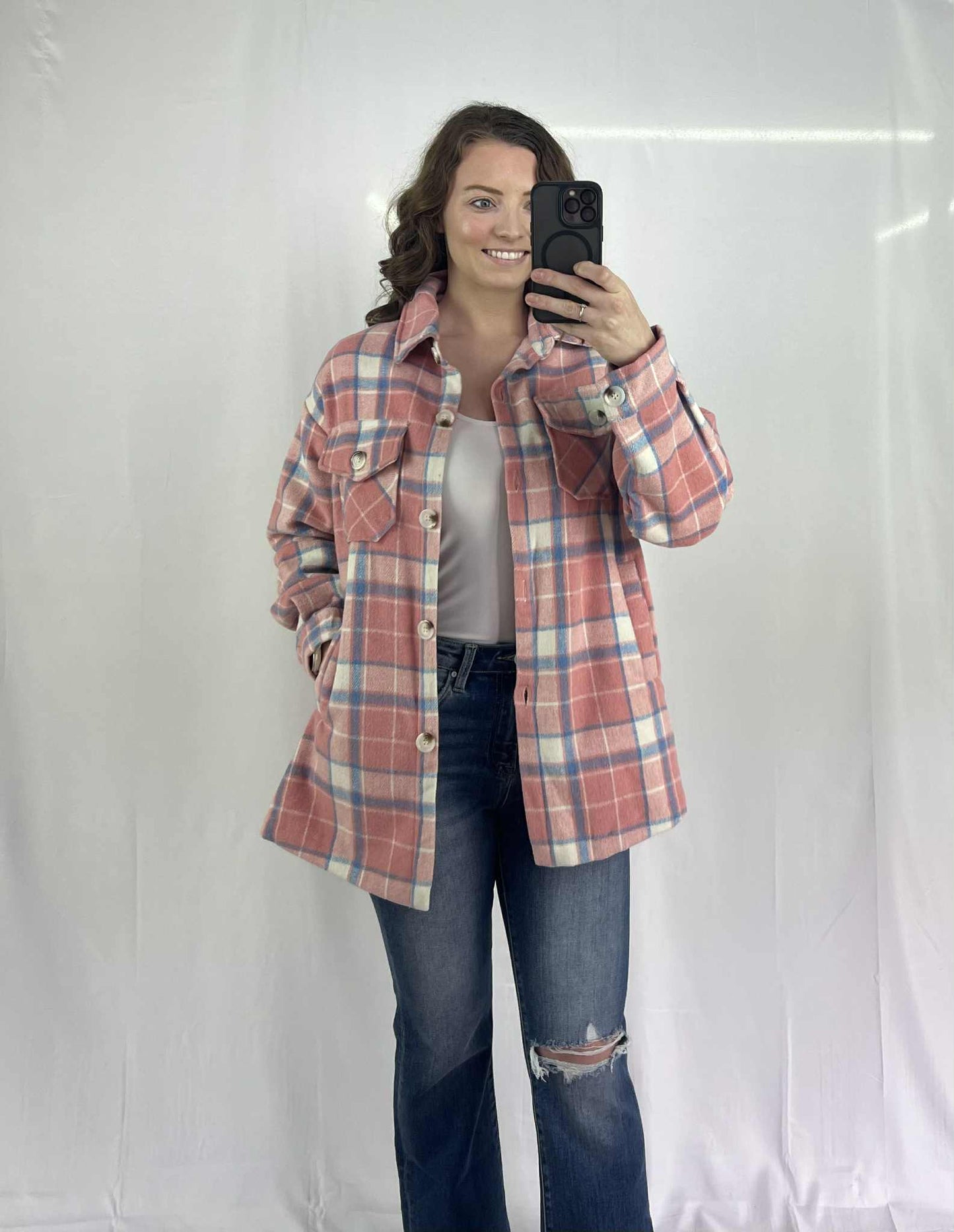 Pink Plaid Flap Pocket Button Up
