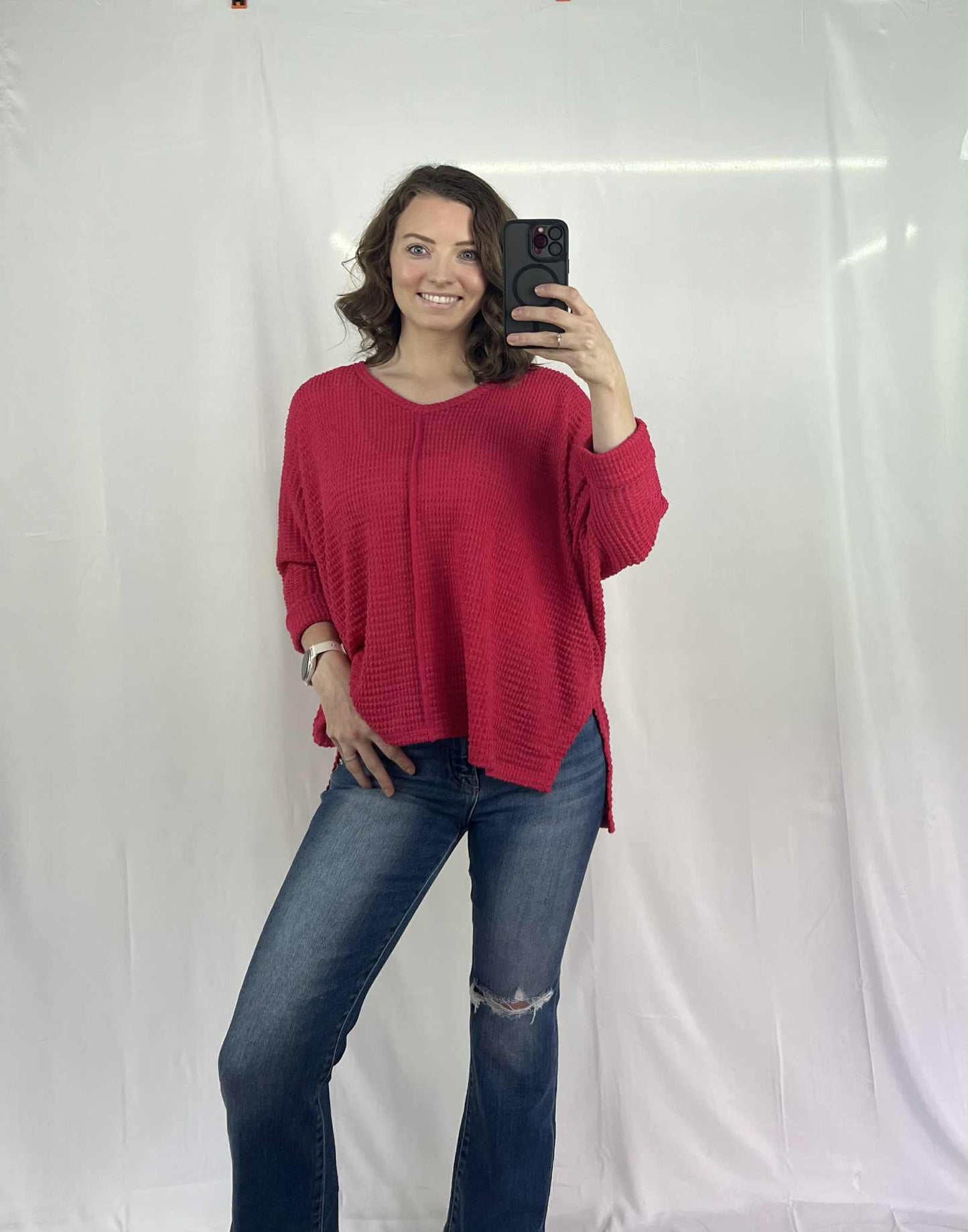 3/4 SLEEVE V-NECK HI-LOW HEM JACQUARD SWEATER