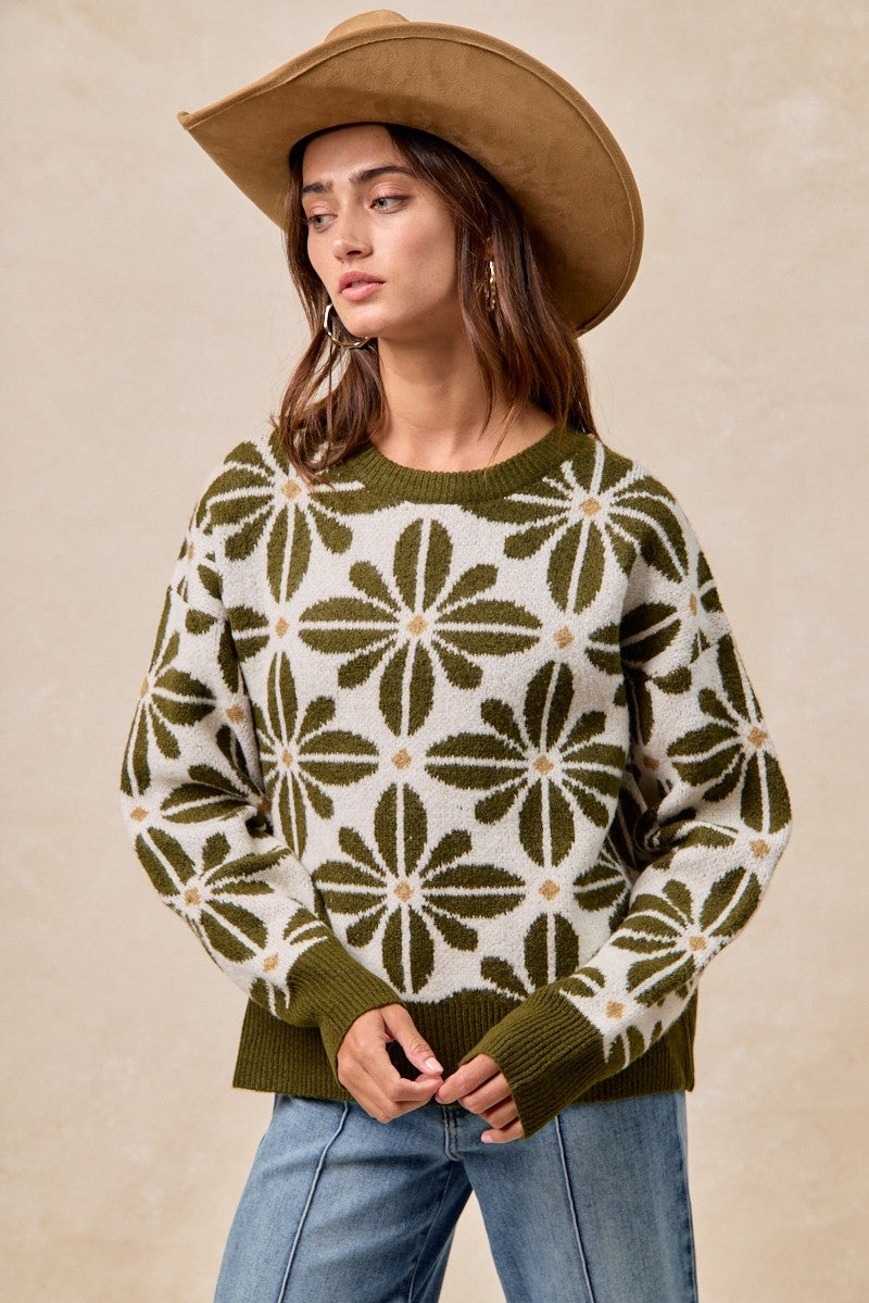 Olive Flower Pattern Sweater