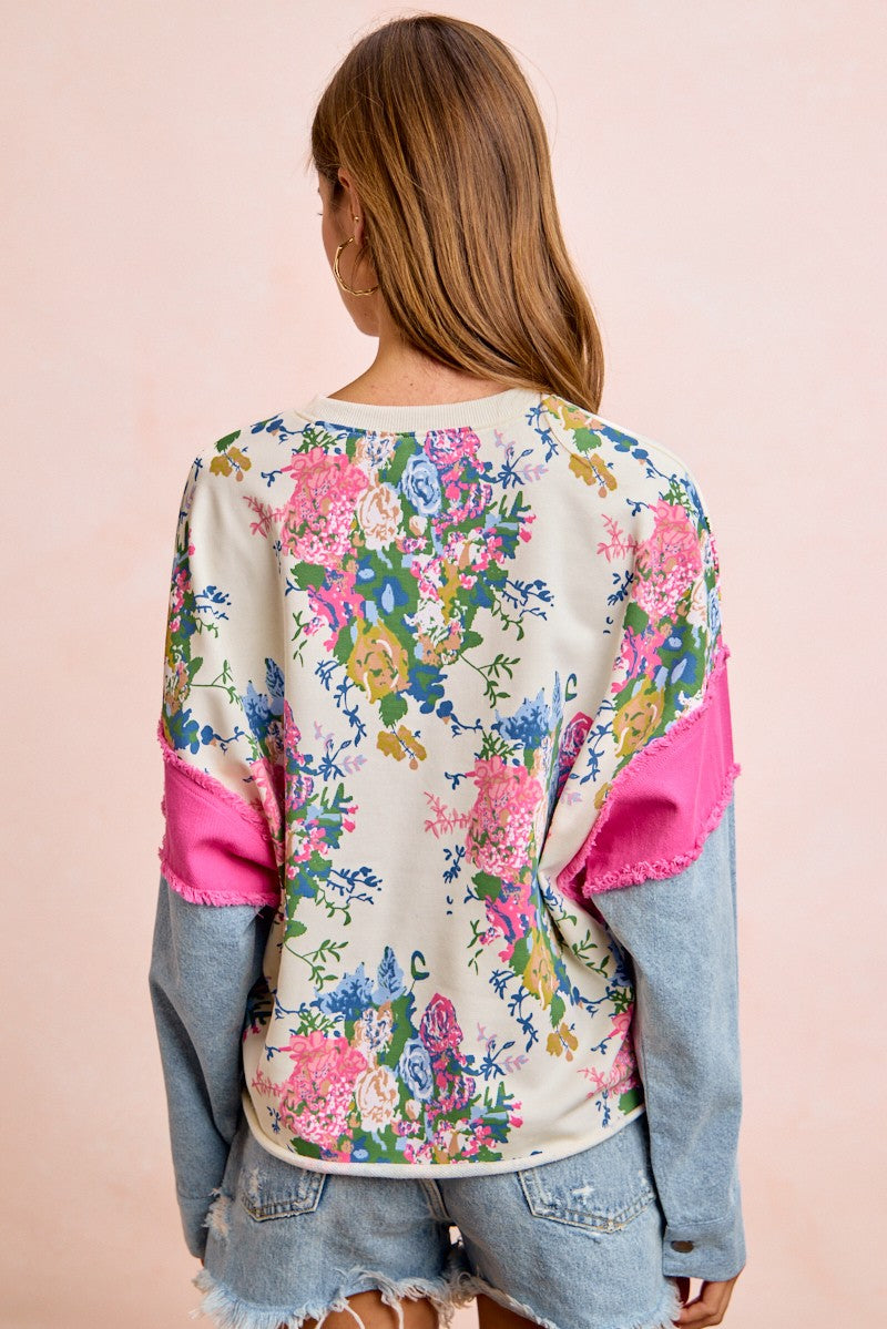 Floral Printed Terry With Denim Sleeves Top