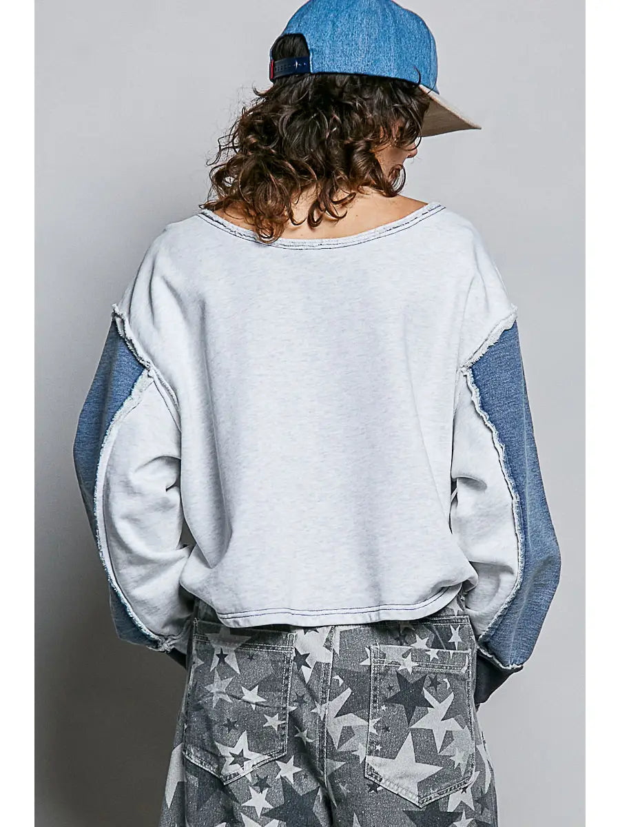 Casual French Terry Outseam Accent Solid Long Sleeve Top