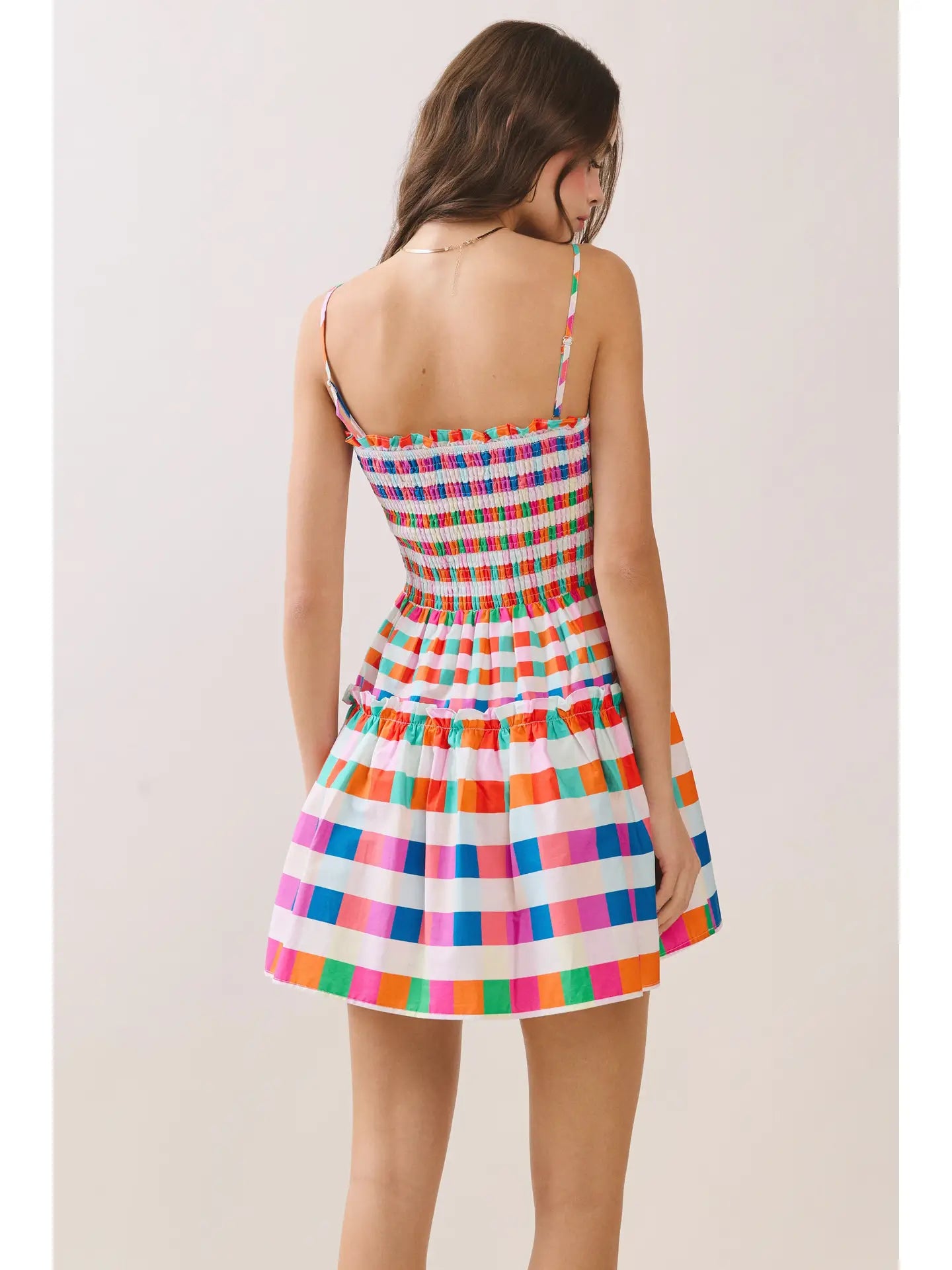 Multi Color Checkered Smocked Bodice Mini Dress