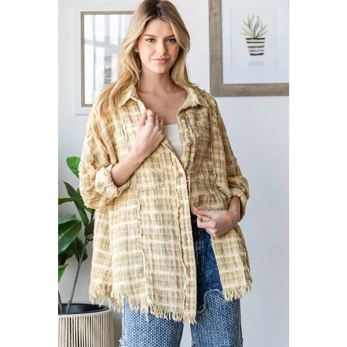 Washed Plaid Mixed Button Down Shirt Top