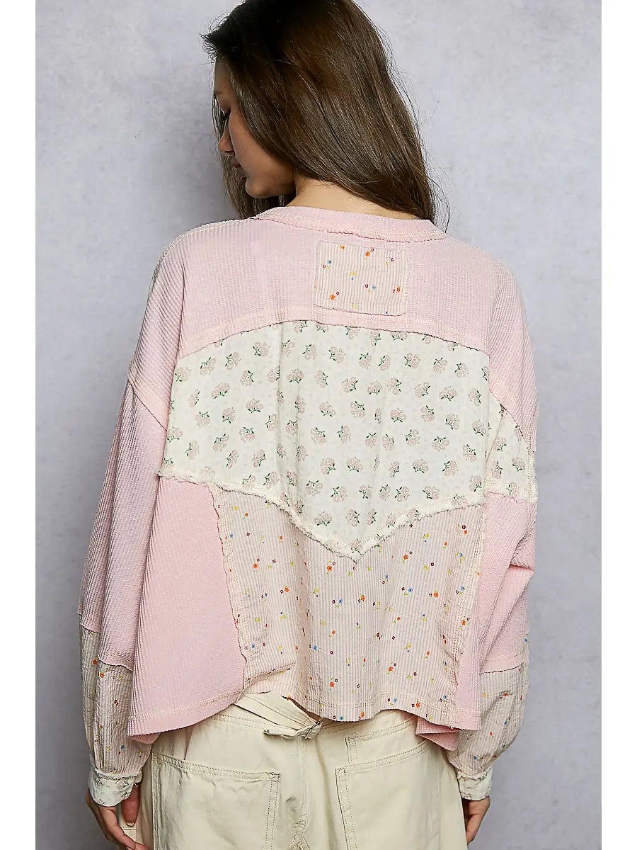 Long Sleeve Round Neck Floral Stripe Stitch Knit Top