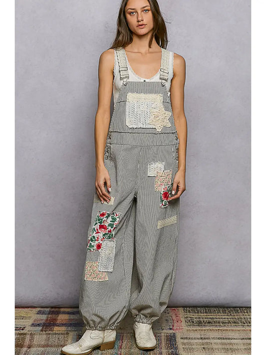 Adjustable Strap Lace Contrast Patchwork Woven Overall