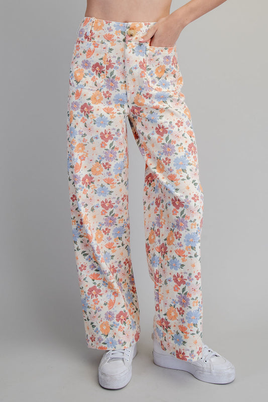 Floral Printed Zipper Front Pants
