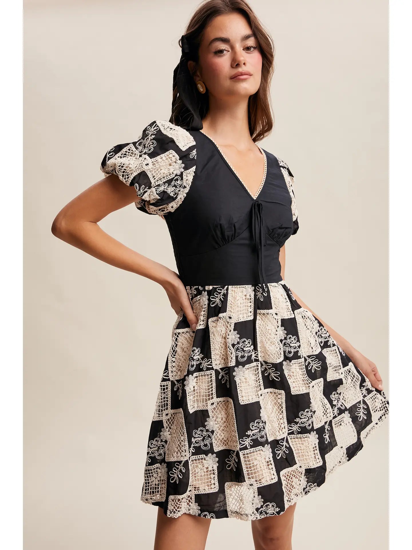 Embroidered Check Puff-Sleeve Dress