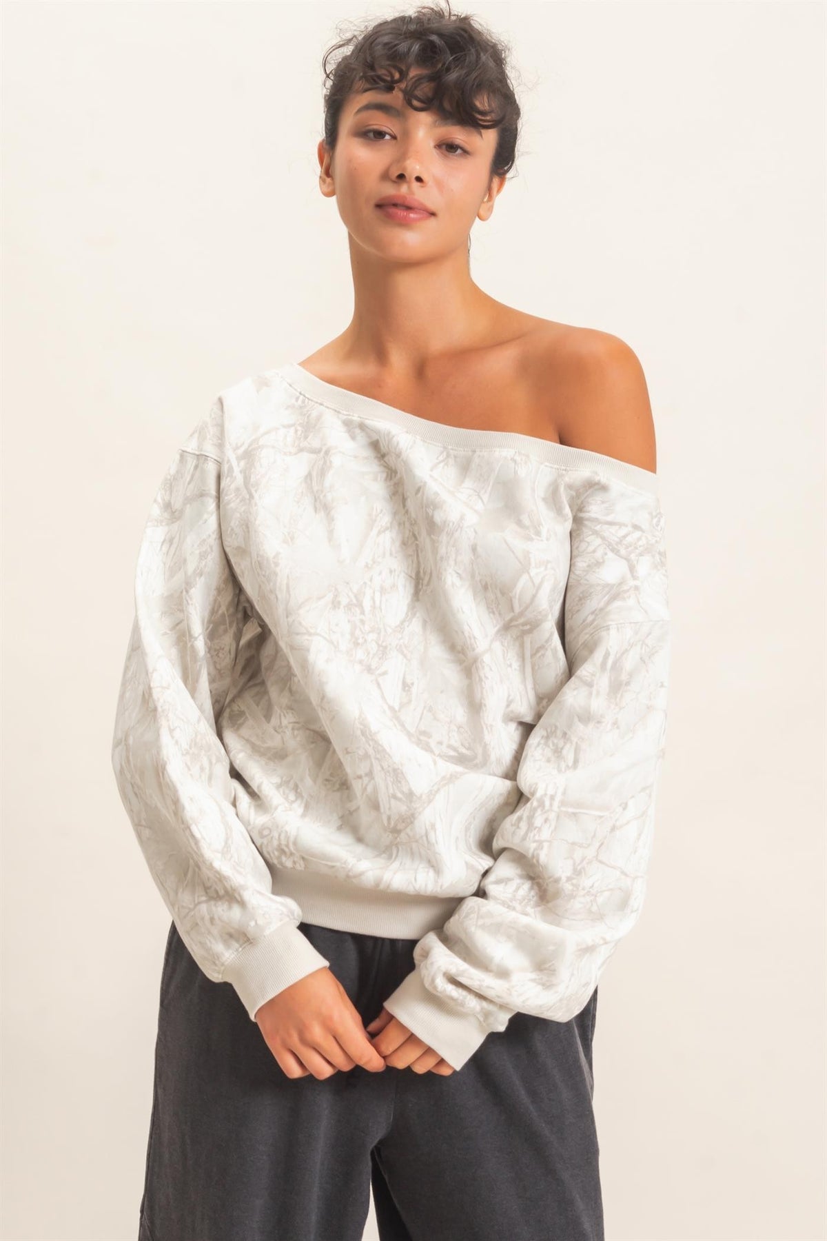 Tree Camouflage Print Off The Shoulder Sweatshirt