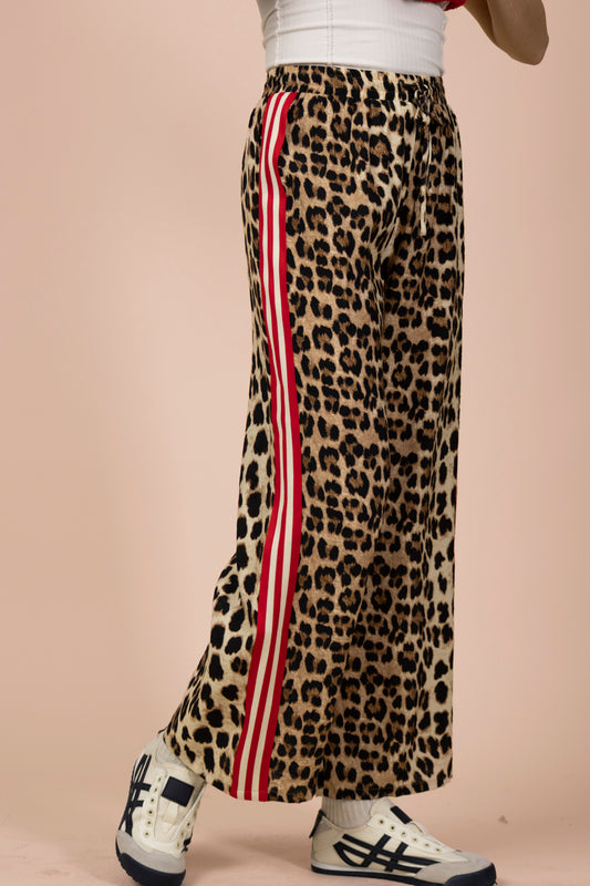 Side Stripe Tape Detail Leopard Wide Leg Pants