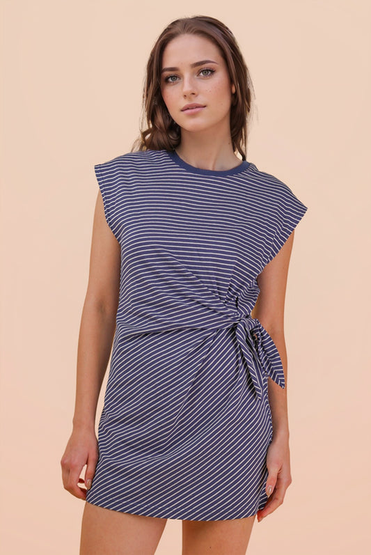 Stripe Knit Sleeveless Mini Dress W/ Tie Detail